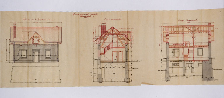 Aménagement de la maison éclusière n° 52 de Velotte et construction d'un bâtiment accessoire [...] Aménagement projeté. [Détail : élévation antérieure et coupes], 1906.