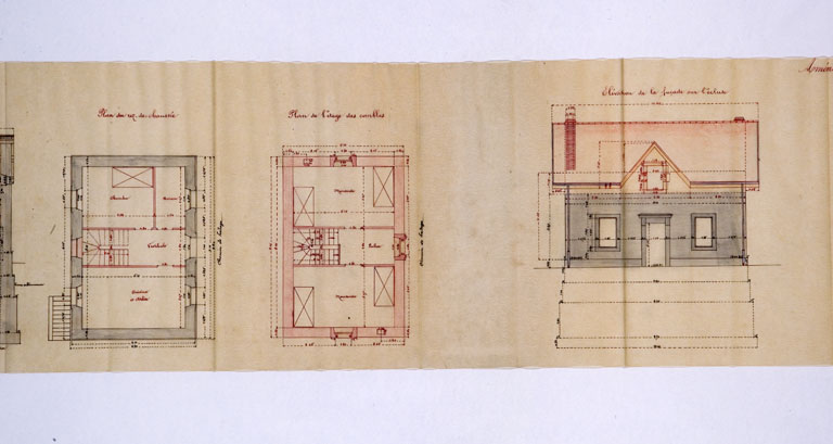 Aménagement de la maison éclusière n° 52 de Velotte et construction d'un bâtiment accessoire [...] Aménagement projeté. [Détail : plans et élévation antérieure], 1906.