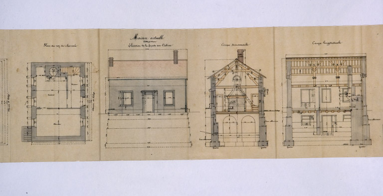 Aménagement de la maison éclusière n° 52 de Velotte et construction d'un bâtiment accessoire [...] Maison actuelle. [Détail : plan du rez-de-chaussée, élévation antérieure et coupes], 1906.