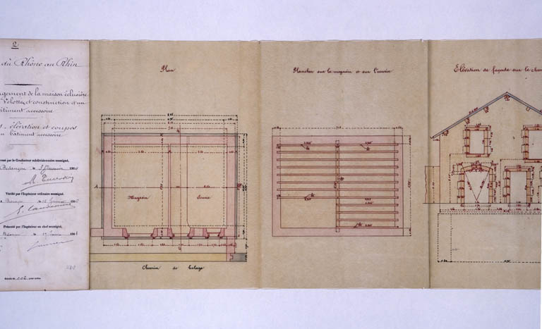 Aménagement de la maison éclusière n° 52 de Velotte et construction d'un bâtiment accessoire [...] Plans, élévations et coupes d'un bâtiment accessoire. [Détail : plans], 1906.