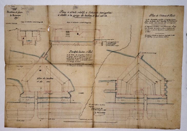 Plans et détails relatifs à l'écluse de navigation à établir à la gorge du bastion St Paul, coté 38 [plans, coupe et élévation], 1827.