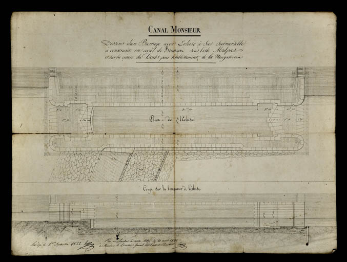 Dessin d'un barrage avec écluse à sas submersible à construire en aval de Besançon sous l'isle Malpas et sur la rivière du Doubs pour l'établissement de la navigation [plan et coupe], 1822.