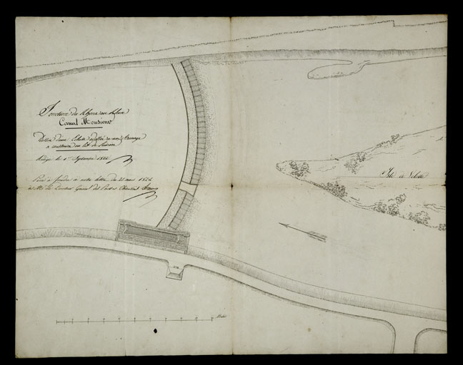 Dessin d'une écluse adossée à un barrage à construire en lit de rivière, 1822.