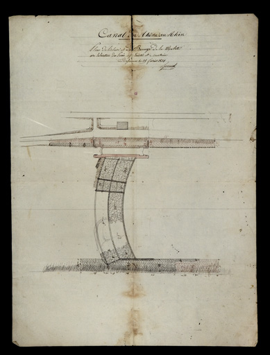 Plan de l'écluse et du barrage de la Malate avec l'élévation des perrés déjà exécutés et à construire, 1831.