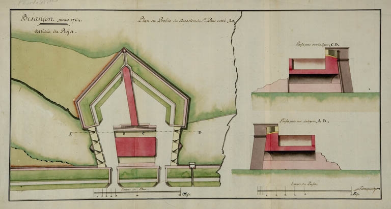 Besançon pour 1764. Plan et profils du bastion St Paul cotté 20, 1764.