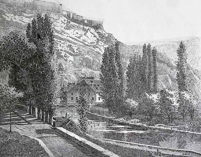 Le moulin de Tarragnoz [depuis l'amont], 1901. Gravure.
