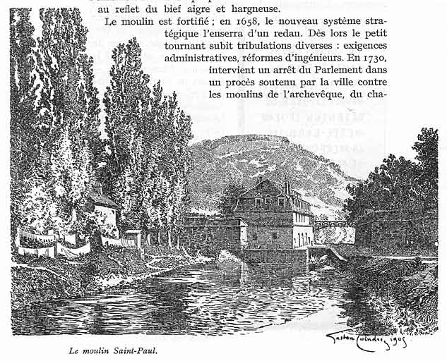 Le moulin Saint-Paul [depuis l'aval], 1905. Gravure.