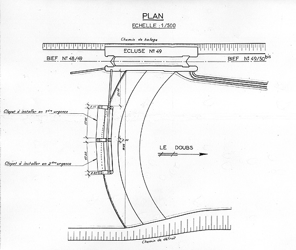 Barrage de la Malate. Equipement avec bouchure mobile. Plan, 1959.