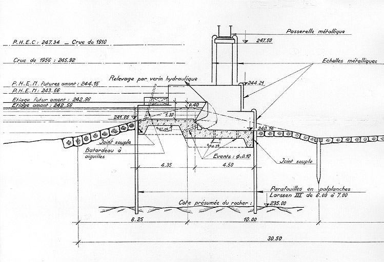 Barrage de la Malate. Equipement avec bouchure mobile. Coupe transversale du barrage (partie mobile), 1959.