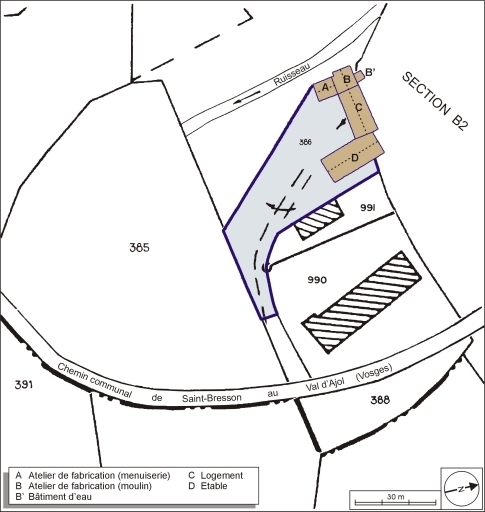 Plan-masse et de situation. Extrait du plan cadastral numérisé, 2005, section B, 1:2500 agrandi à 1:1000.
