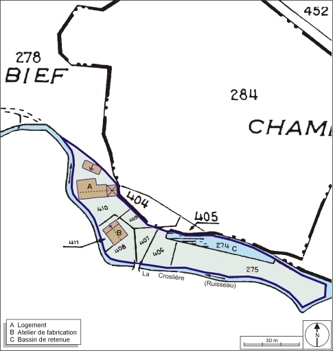 Plan-masse et de situation. Extrait du plan cadastral numérisé, 2005, section B, 1:2500 agrandi à 1:1000.