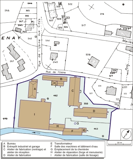 Plan-masse de l'usine. Extrait du plan cadastral numérisé, 2006, section AB, 1:1000.