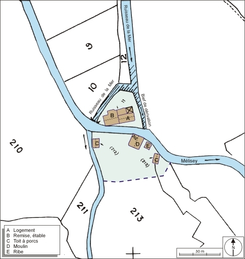 Plan-masse et de situation.Assemblages d'extraits de plans cadastraux numérisés, 2005, sections A et D, 1:2000 agrandi à 1:1000.