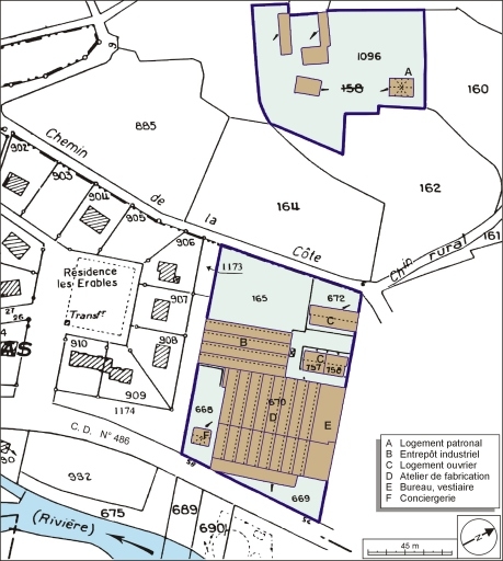 Plan-masse et de situation. Extrait du plan cadastral numérisé, 2005, section H, 1:2000 agrandi à 1:1500.