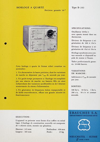 [Exemple d'appareil du département Oscilloquartz :] Horloge à quartz type B-243, vers 1955.