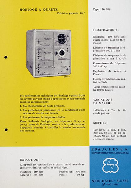 [Exemple d'appareil du département Oscilloquartz :] Horloge à quartz type B-288, vers 1955.