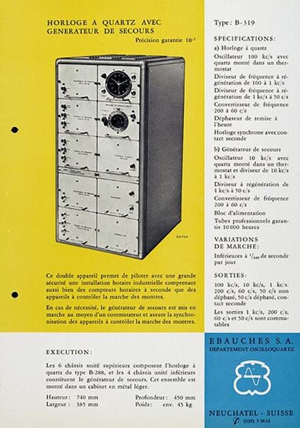 [Exemple d'appareil du département Oscilloquartz :] Horloge à quartz avec générateur de secours type B-319, vers 1955.