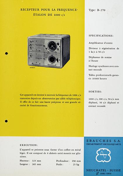 [Exemple d'appareil du département Oscilloquartz :] Récepteur pour la fréquence étalon de 1000 c/s type B-270, vers 1955.