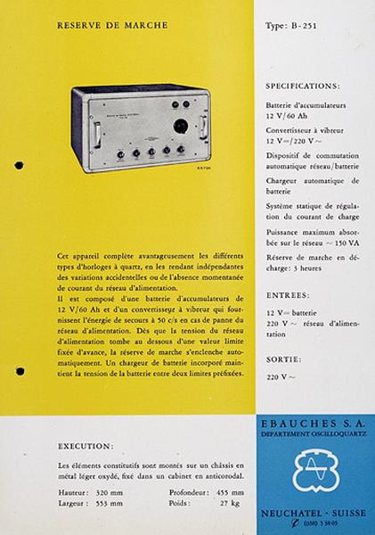 [Exemple d'appareil du département Oscilloquartz :] Réserve de marche type B-251, vers 1955.