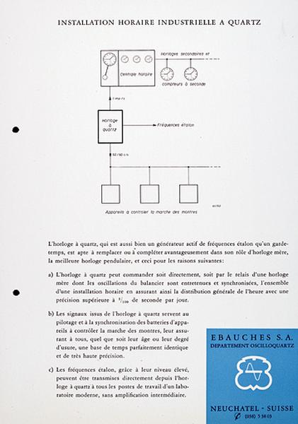 [Exemple d'appareil du département Oscilloquartz :] Installation horaire industrielle à quartz, vers 1955.