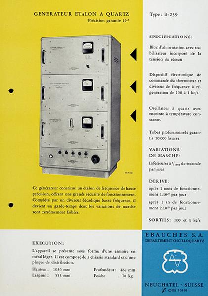 [Exemple d'appareil du département Oscilloquartz :] Générateur étalon à quartz type B-239, vers 1955.