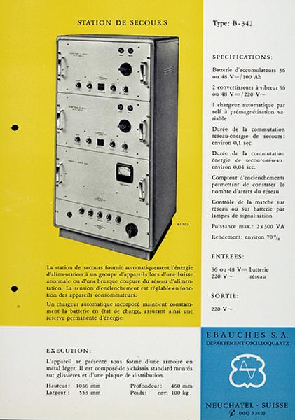 [Exemple d'appareil du département Oscilloquartz :] Station de secours type B-342, vers 1955.