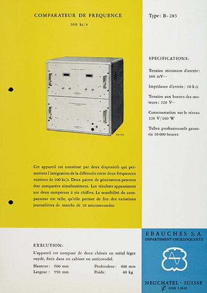 [Exemple d'appareil du département Oscilloquartz :] Comparateur de fréquence type B-283, vers 1955.