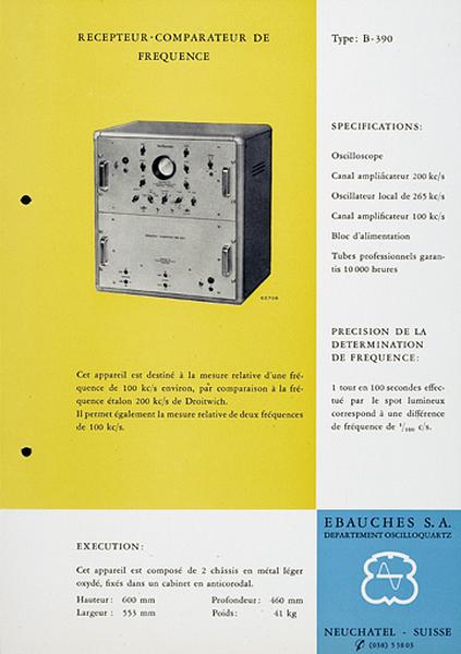 [Exemple d'appareil du département Oscilloquartz :] Récepteur-comparateur de fréquence type B-390, vers 1955.