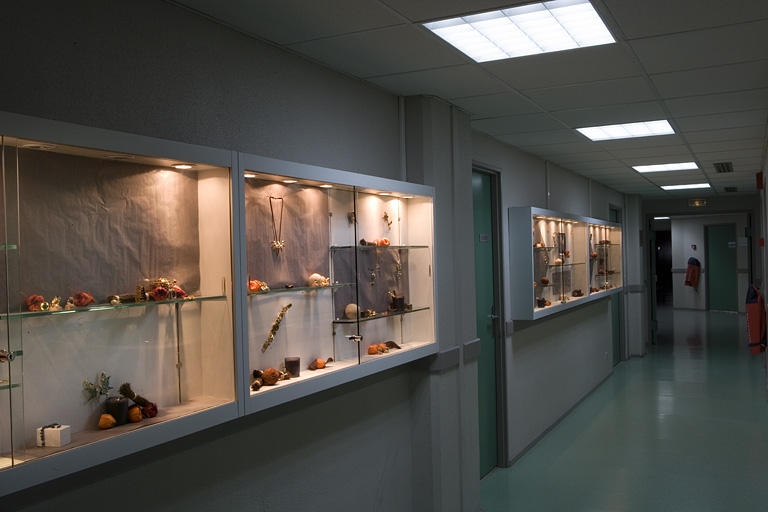 Site récent, pôle bijouterie : couloir avec vitrines.