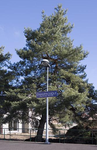 Lampadaire et panneau identifiant la halte.