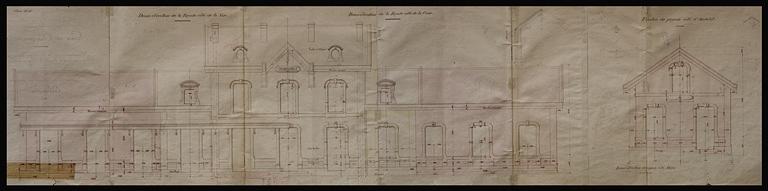 Gare de Champagnole. Agrandissement de la gare en vue de l'arrivée de la ligne de Lons-le-Saunier à Champagnole. Allongement du bâtiment des voyageurs. Elévations, 1889.