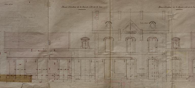 Gare de Champagnole. Agrandissement de la gare en vue de l'arrivée de la ligne de Lons-le-Saunier à Champagnole. Allongement du bâtiment des voyageurs. Elévations [détail de la partie gauche], 1889.