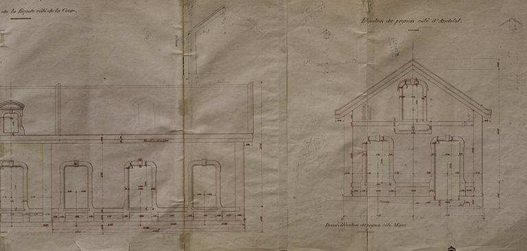 Gare de Champagnole. Agrandissement de la gare en vue de l'arrivée de la ligne de Lons-le-Saunier à Champagnole. Allongement du bâtiment des voyageurs. Elévations [détail de la partie droite], 1889.