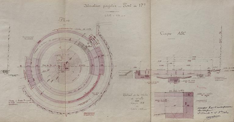 Gare de St Claude. Remplacement du pont tournant de 14 m par un pont de 17 m. Dessin d'exécution [plan et coupe de la maçonnerie], 1924.