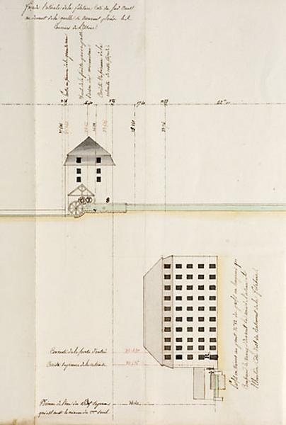 Plan géométral des propriétés en nature de prés, moulin et projet de construction de filature, appartenant à M. Besançon [élévations].