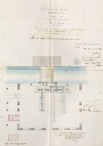 Plan présentant l'ensemble de l'usine appelée ancien martinet au laminoir neuf ainsi que la position d'un four d'affinerie, et celle du cilindre.