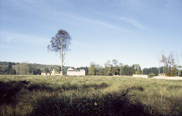 Le château et ses dépendances vus depuis le sud-est, et emplacement des épicéas abattus.