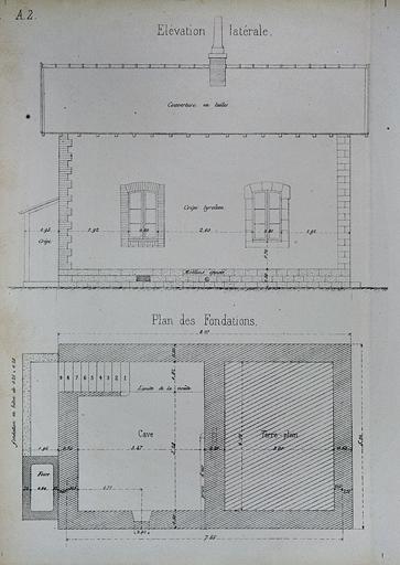 Maison de garde avec cave et étage. Type de la Cie de Paris - Lyon - Méditerranée. A 2 [plan des fondations et élévation latérale], 1880.