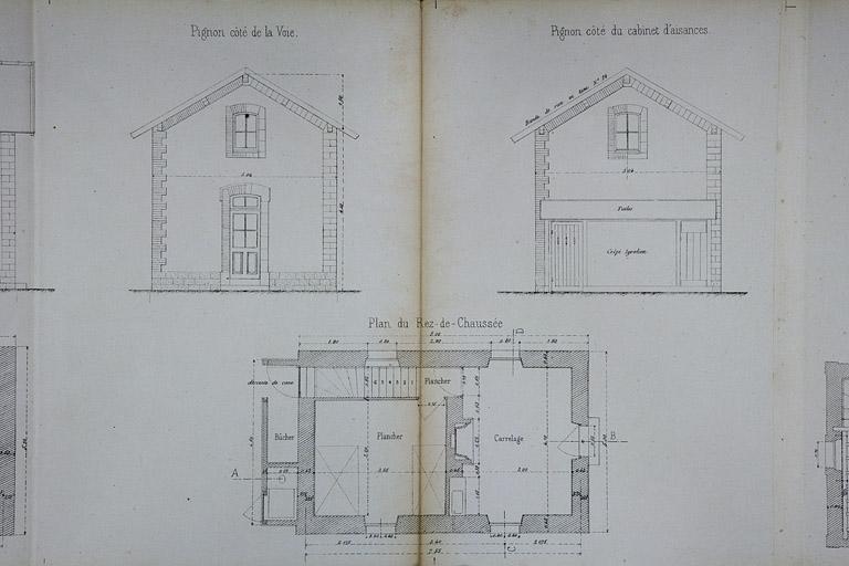 Maison de garde avec cave et étage. Type de la Cie de Paris - Lyon - Méditerranée. A 2 [plan du rez-de-chaussée et élévation des murs pignons], 1880.