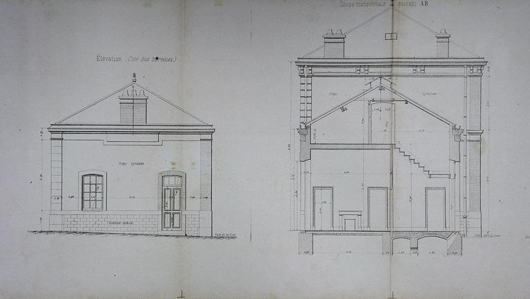 Bâtiment des voyageurs pour Station de 1re classe. Type de la Cie de Paris - Lyon - Méditerranée. C 1 [élévation latérale et coupe transversale], 1880.