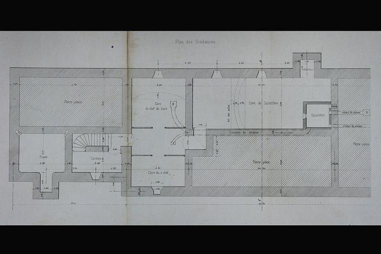 Bâtiment des voyageurs pour Station de 1re classe. Type de la Cie de Paris - Lyon - Méditerranée. C 1. Plan des fondations, 1880.