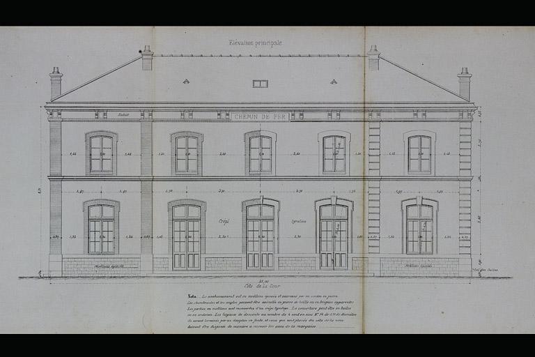 Bâtiment des voyageurs pour Station de 2e classe. Type de la Cie de Paris - Lyon - Méditerranée. C 3 [élévation antérieure], 1880.