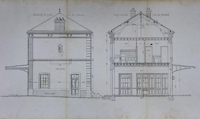 Bâtiment des voyageurs pour Station de 2e classe. Type de la Cie de Paris - Lyon - Méditerranée. C 3 [élévation latérale et coupe transversale], 1880.