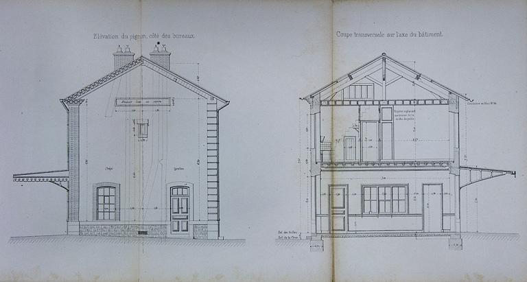 Bâtiment des voyageurs pour Station de 3e classe. Type de la Cie de Paris - Lyon - Méditerranée. C 9 [élévation latérale et coupe transversale], 1880.