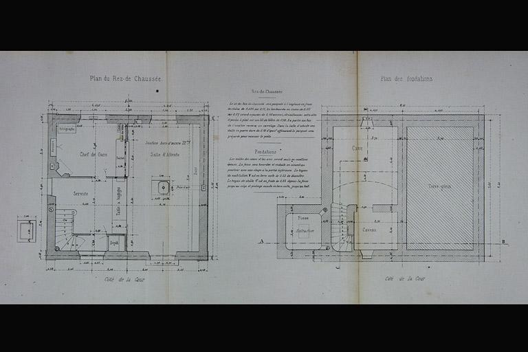 Bâtiment des voyageurs pour Station de 4e classe. Type de la Cie de Paris - Lyon - Méditerranée. C 11 [plans des fondations et du rez-de-chaussée], 1880.