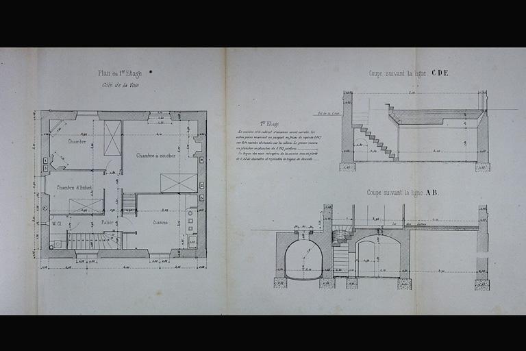 Bâtiment des voyageurs pour Station de 4e classe. Type de la Cie de Paris - Lyon - Méditerranée. C 11 [plan du 1er étage et coupes], 1880.