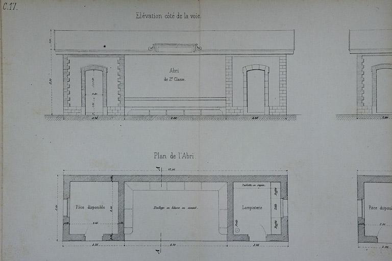 Bâtiment des voyageurs. Annexes. Type de la Cie de Paris - Lyon - Méditerranée. C 17 [abri de 2e classe : plan et élévation antérieure], 1880.