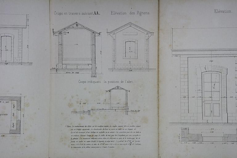 Bâtiment des voyageurs. Annexes. Type de la Cie de Paris - Lyon - Méditerranée. C 17 [abri : coupes et élévation latérale], 1880.