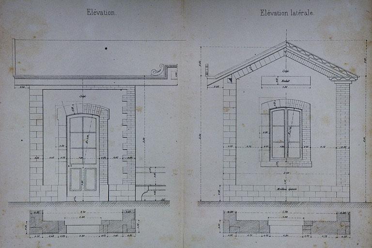 Bâtiment des voyageurs. Annexes. Type de la Cie de Paris - Lyon - Méditerranée. C 17 [abri : détail de l'élévation antérieure et élévation latérale], 1880.