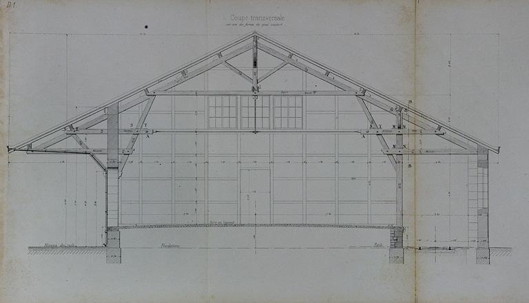 Halle à marchandises de 15 m de largeur. Type de la Cie de Paris Lyon - Méditerranée. D 1. Coupe transversale, 1880.